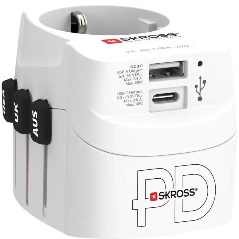 Kedvezményes ár SKROSS PRO Light USB AC30PD, világutazó hálózati csatlakozó átalakító, földelt PD(gyorstöltés)
