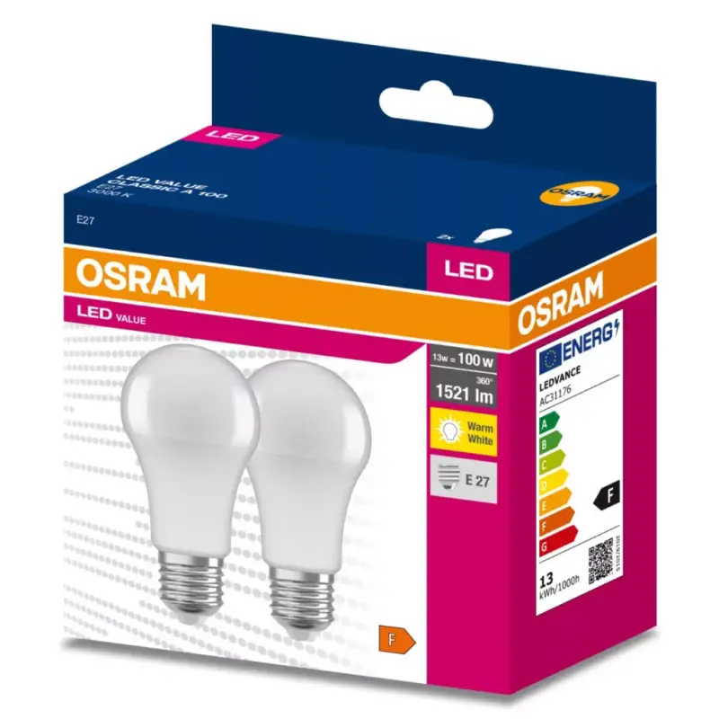 2PAK LED izzó E27 A60 13W = 100W 1521lm 3000K meleg 200° OSRAM ÉRTÉK Szuper akció