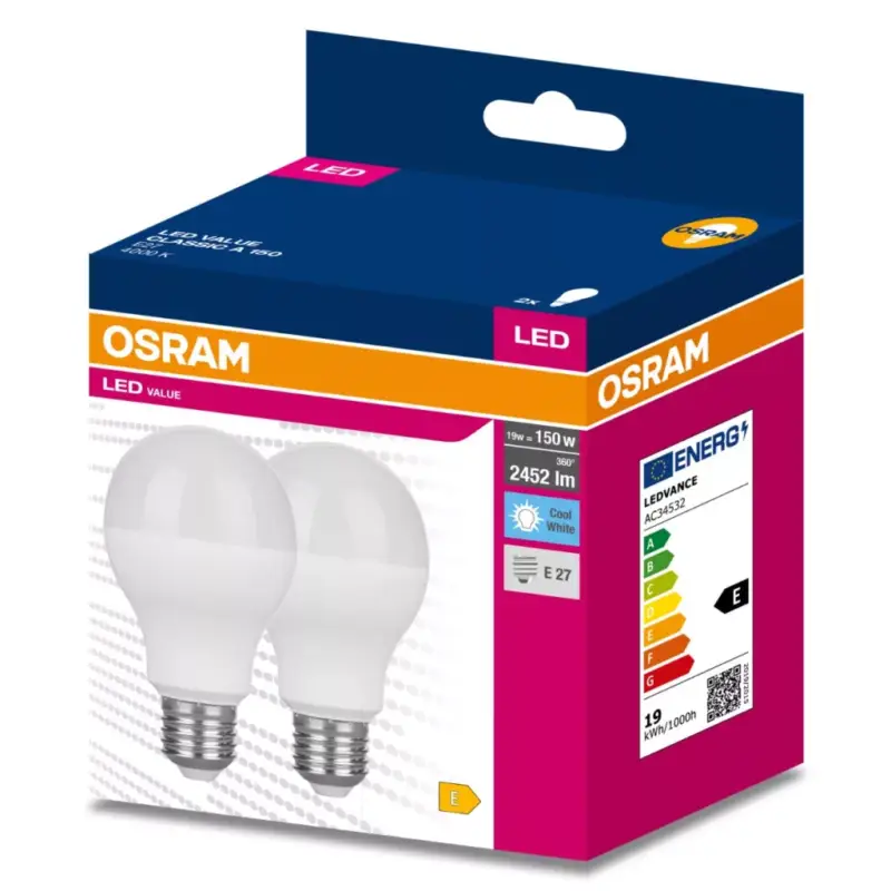 2PAK LED izzó E27 A60 19W = 150W 2452lm 4000K semleges 200° OSRAM ÉRTÉK Gyors kiszállítás