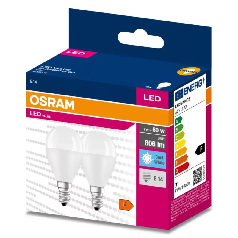 2db LED izzó E14 P45 7W = 60W 806lm 4000K Semleges 200° OSRAM ÉRTÉK Kedvezményes ár
