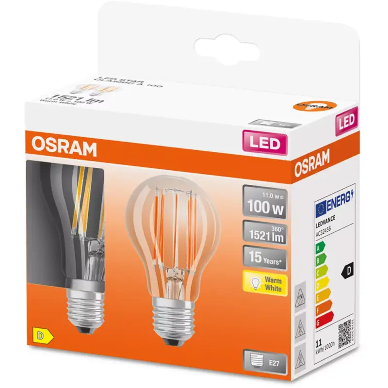 2db LED izzó E27 A60 11W = 100W 1521lm 2700K300° Izzószál OSRAM STAR Expressz szállítás