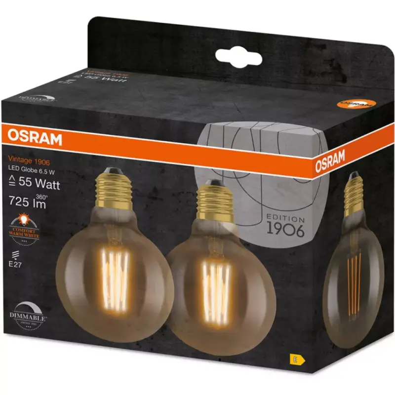 2db LED dekoratív izzó E27 G95 6,5W = 55W 725lm 2700K , 300°-os izzószál, szabályozható Olcsóbb