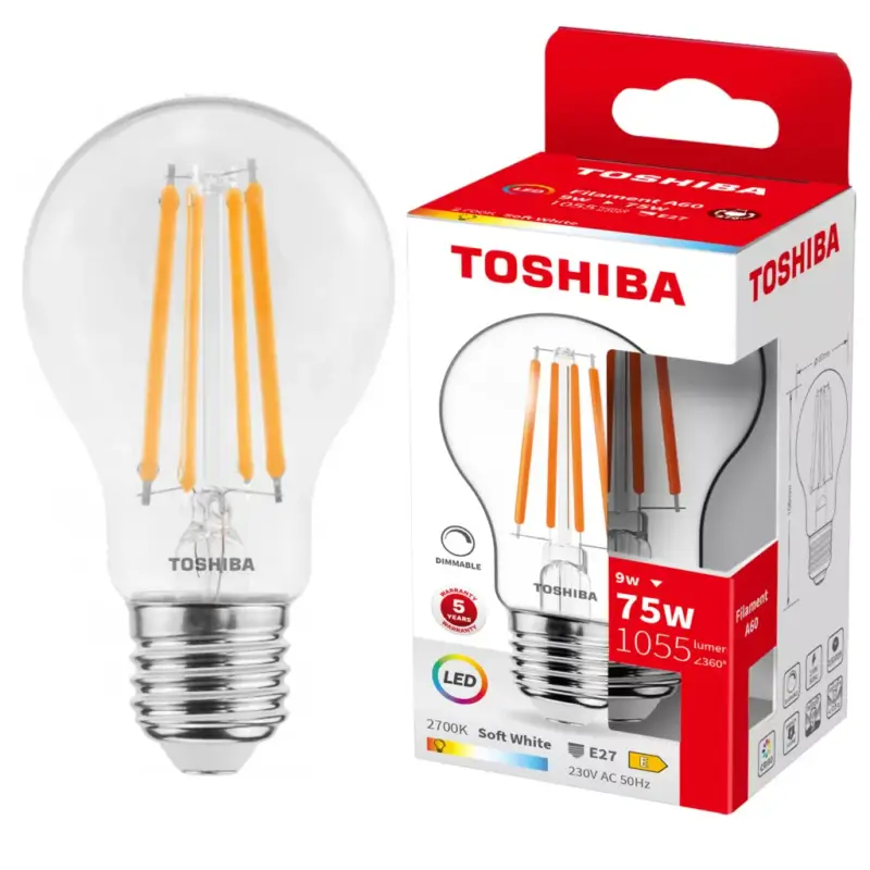 Azonnal elérhető LED izzó E27 A60 9W = 75W 1055lm 2700K meleg izzószál, szabályozható TOSHIBA