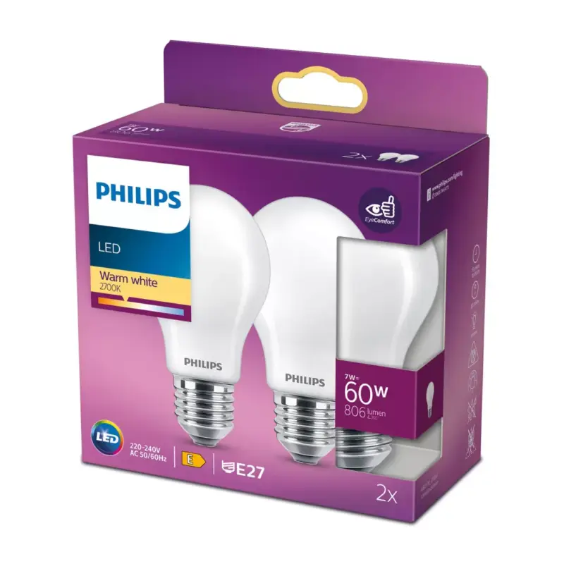 2 db LED izzós készlet E27 A60 7W = 60W 806lm 2700K melegszálas tejes PHILIPS Legnépszerűbb
