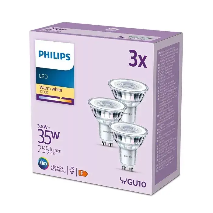 Vedd meg online 3 db LED halogén izzó készlet GU10 PAR16 3.5W = 35W 255lm 2700K Meleg 36° PHILIPS