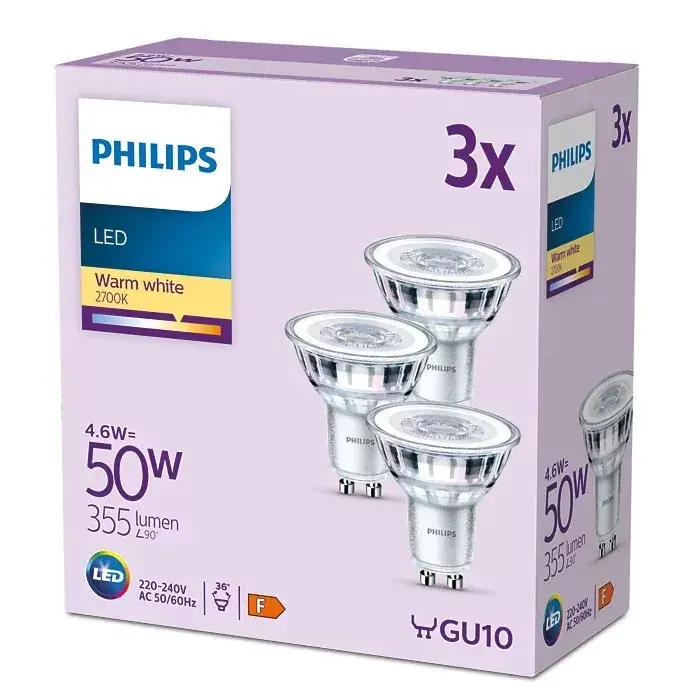 3x LED halogén izzó készlet GU10 PAR16 4.6W = 50W 355lm 2700K Meleg 36° PHILIPS Expressz szállítás