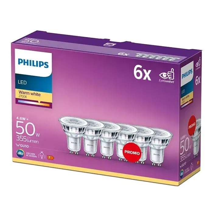 6 db LED halogén izzó készlet GU10 PAR16 4.6W = 50W 355lm 2700K Meleg 36° PHILIPS Azonnali szállítás