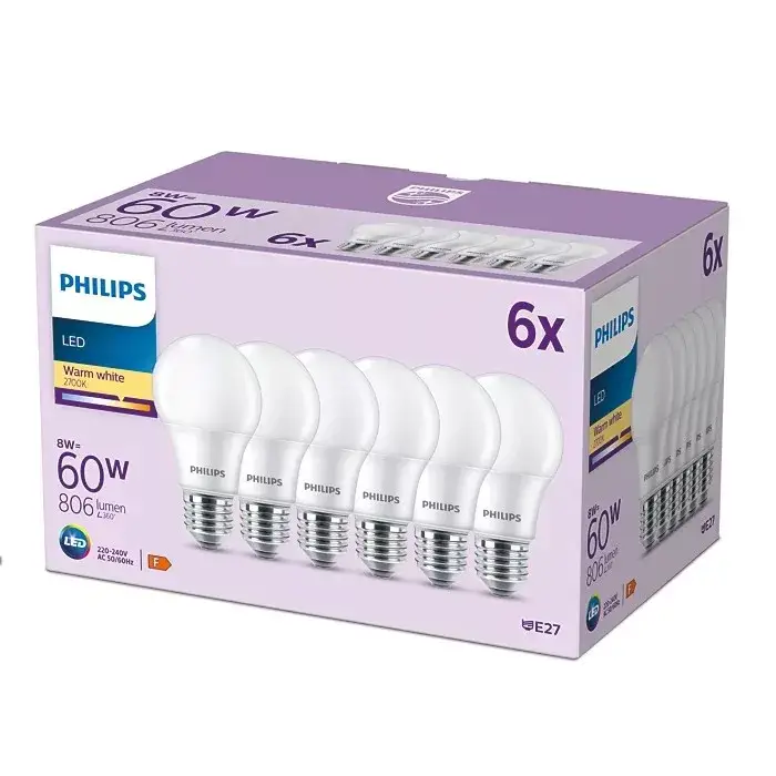 6 db LED izzó készlet E27 A60 8W = 60W 806lm 2700K Meleg 150° PHILIPS Akció