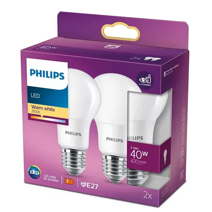 2x LED izzó készlet E27 A60 4.9W = 40W 470lm 2700K Meleg 200° PHILIPS Expressz szállítás