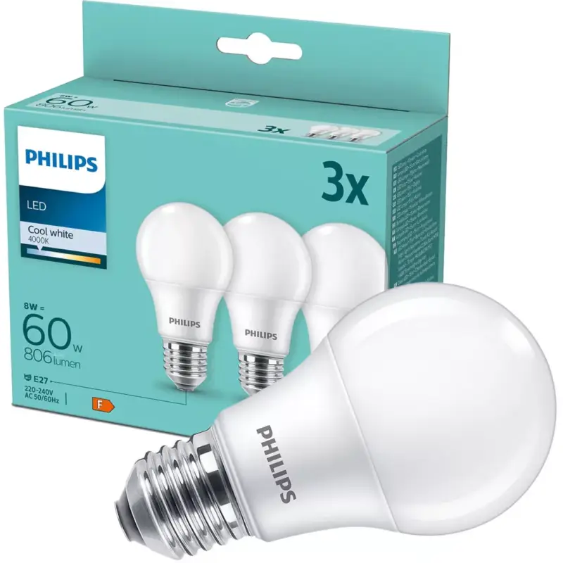 3PAK LED izzó E27 A60 8W = 60W 806lm 4000K semleges PHILIPS Újdonság