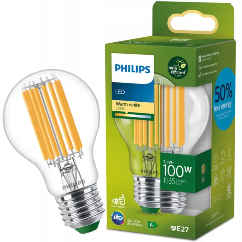 Biztonságos vásárlás LED izzó E27 A60 210.3lm/W 7.3W = 100W 1535lm 2700K meleg izzószál PHILIPS Ultra Hatékony