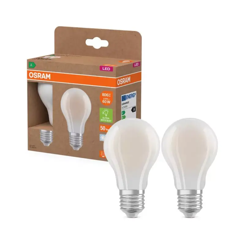 2x LED izzó A60 E27 3.8W = 60W 4000K 806lm Semleges 320° Izzószálas KLASSZIKUS ENERGIAHATÉKONYSÁG Osram Szezonális akció