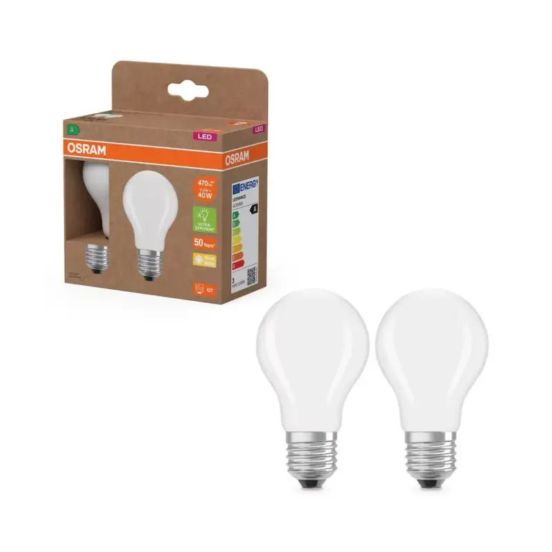 2x LED izzó A60 E27 2.2W = 40W 470lm 2700K Meleg 300° Izzószálas KLASSZIKUS ENERGIAHATÉKONYSÁG Osram Gyors szállítás
