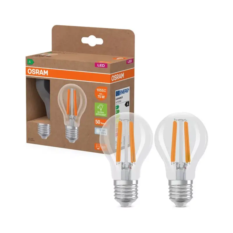2x LED izzó A60 E27 5W = 75W 1055lm 4000K Semleges 320° Izzószálas KLASSZIKUS ENERGIAHATÉKONYSÁG Osram Újdonság