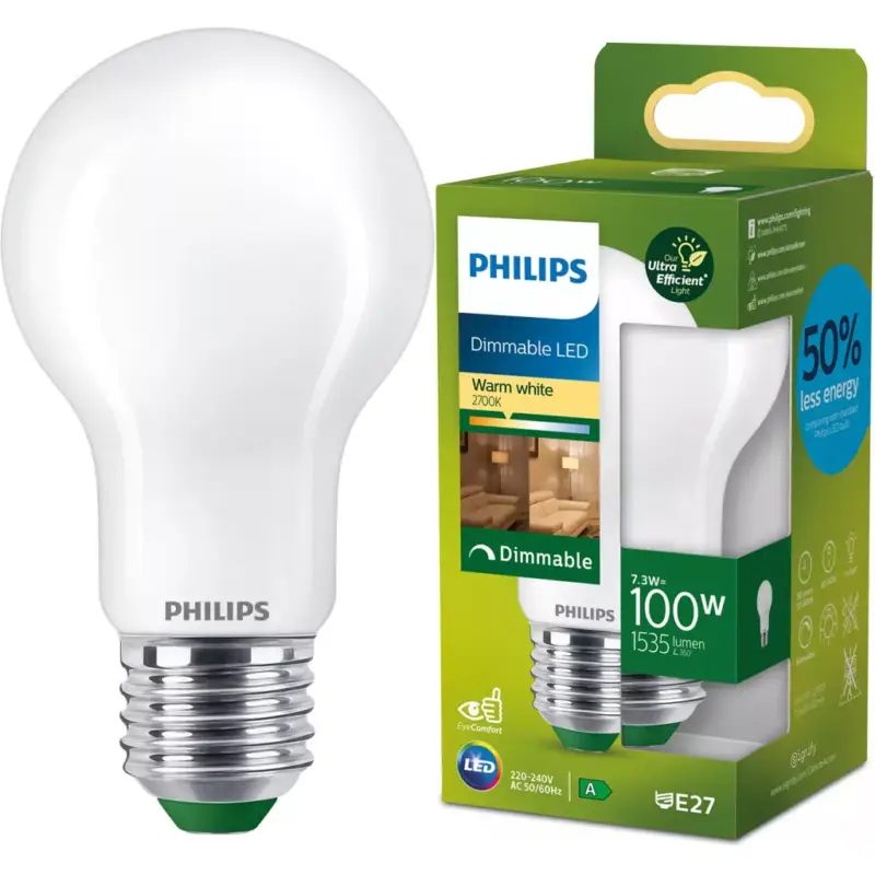 Vásárlói kedvenc LED izzó E27 A60 7,3 W = 100 W 1535 lm 210 lm/W 2700 K Meleg 300° Szabályozható, A OSZTÁLYÚ, UltraEfficient Philips