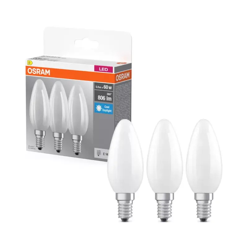 Legkelendőbb 3x LED izzó B35 gyertya E14 5.9W = 60W 806lm 6500K Hideg 300° foglalat Osram