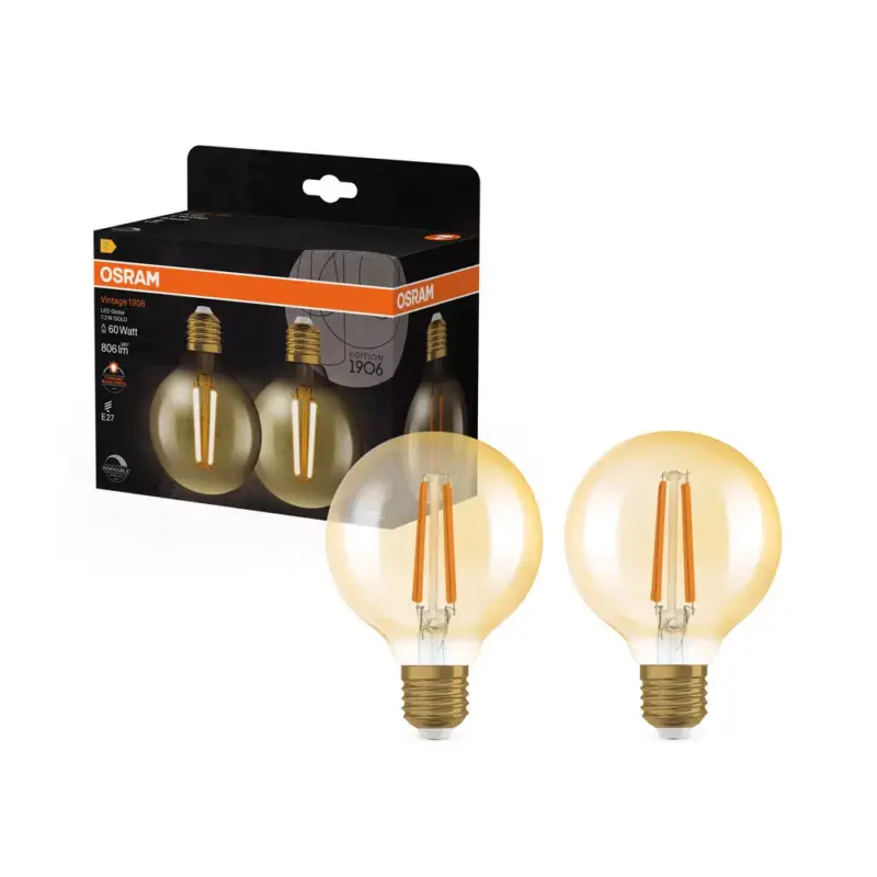 2x Dekoratív LED izzó G80 Globe E27 7.2W = 60W 806lm 2400K Meleg 300° Szabályozható Vintage 1906 Osram Azonnali szállítás