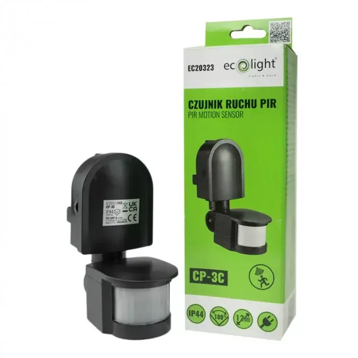 Expressz kézbesítés PIR mozgás- és alkonyérzékelő IP44, felületre szerelhető, állítható, fekete, 12 m, 180°, CP Ecolight
