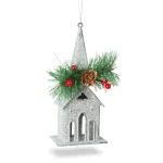 Karácsonyi glitteres templom akasztóval 16 x 6,5 cm ezüst 58677B Legjobb ár