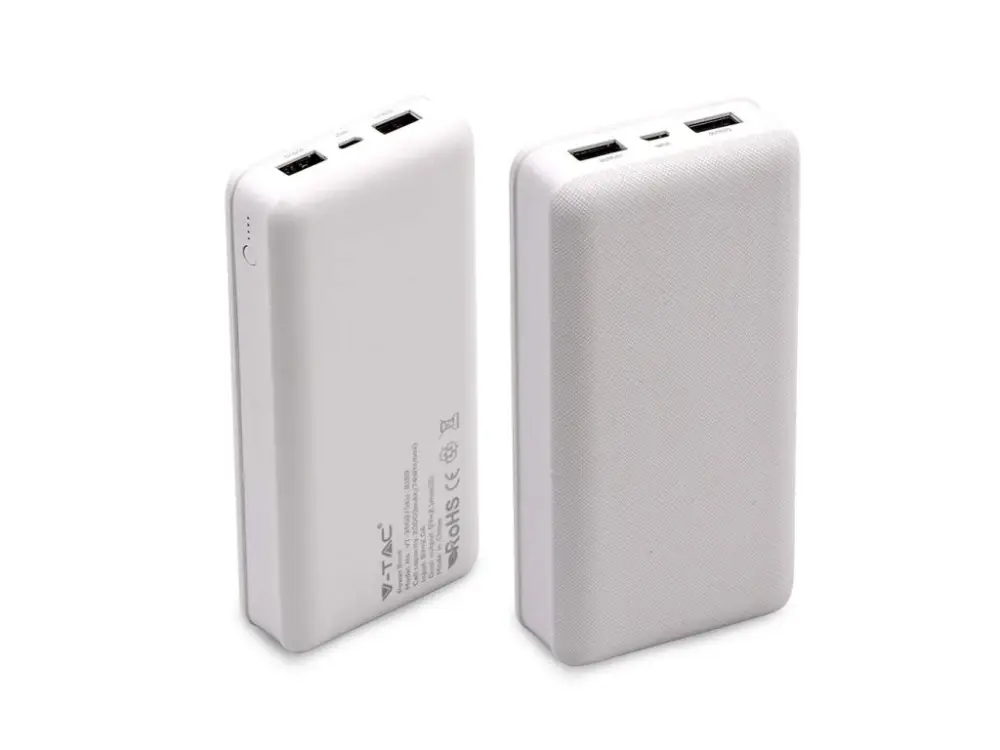 Azonnal elérhető Powerbank, 20000mAh kapacitás, kijelző, 2xUSB, fehér