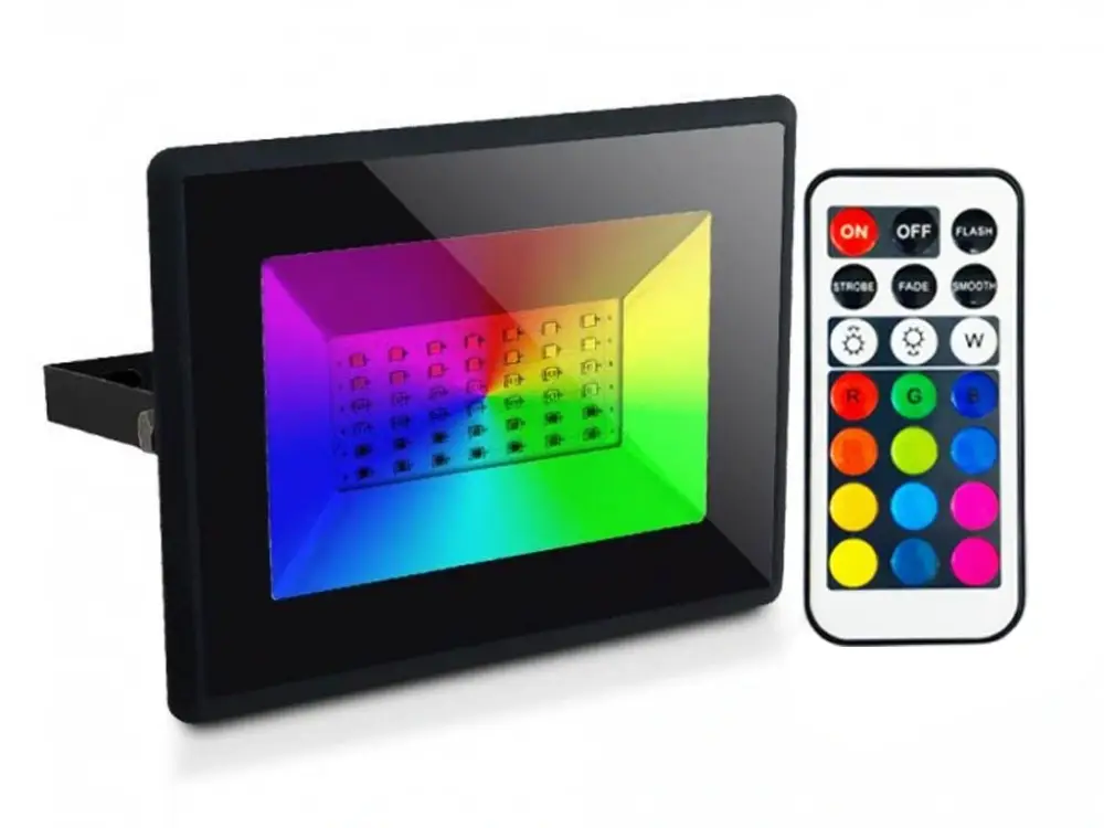 RGB LED reflektor infravörös távirányítóval, 50W, IP65, fekete színű Olcsó