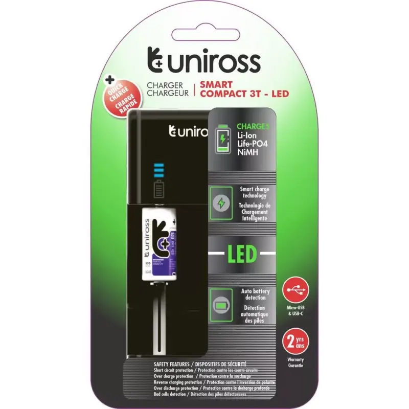 Utolsó esély Uniross UCX006 kompakt LED gyorstöltő Li-ion/Ni-MH/LiFePo4 akkuk töltésére