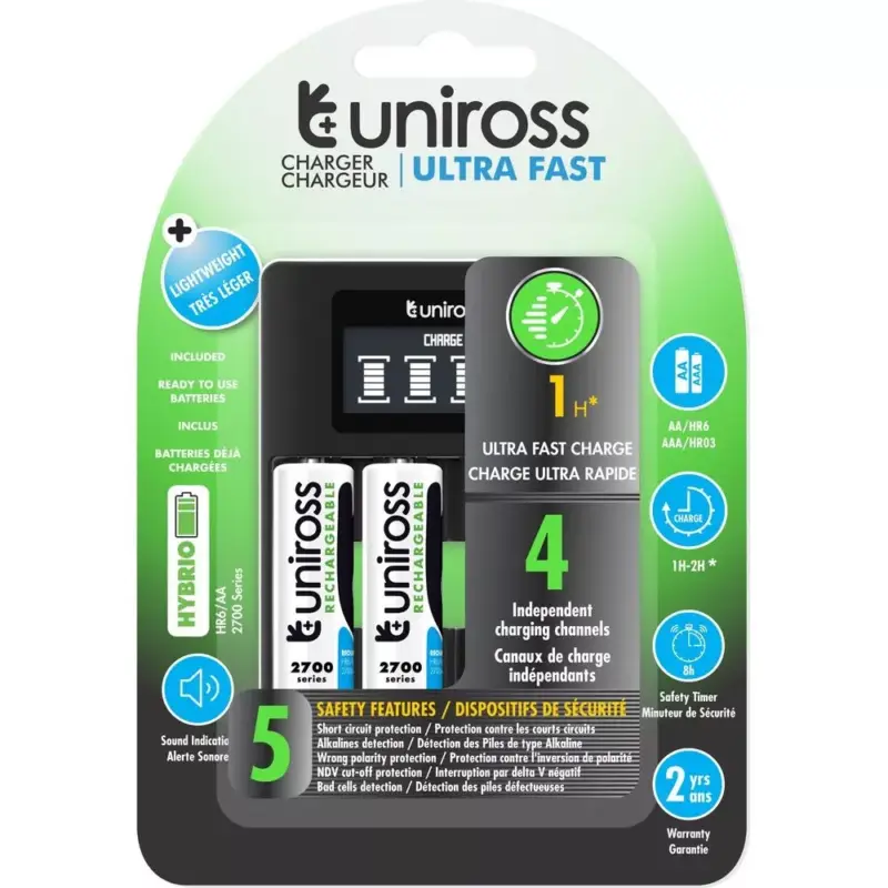Uniross UCU005A LCD-s processzoros gyors töltő 4db 2700mAh AA akkumulátorral Biztonságos fizetés
